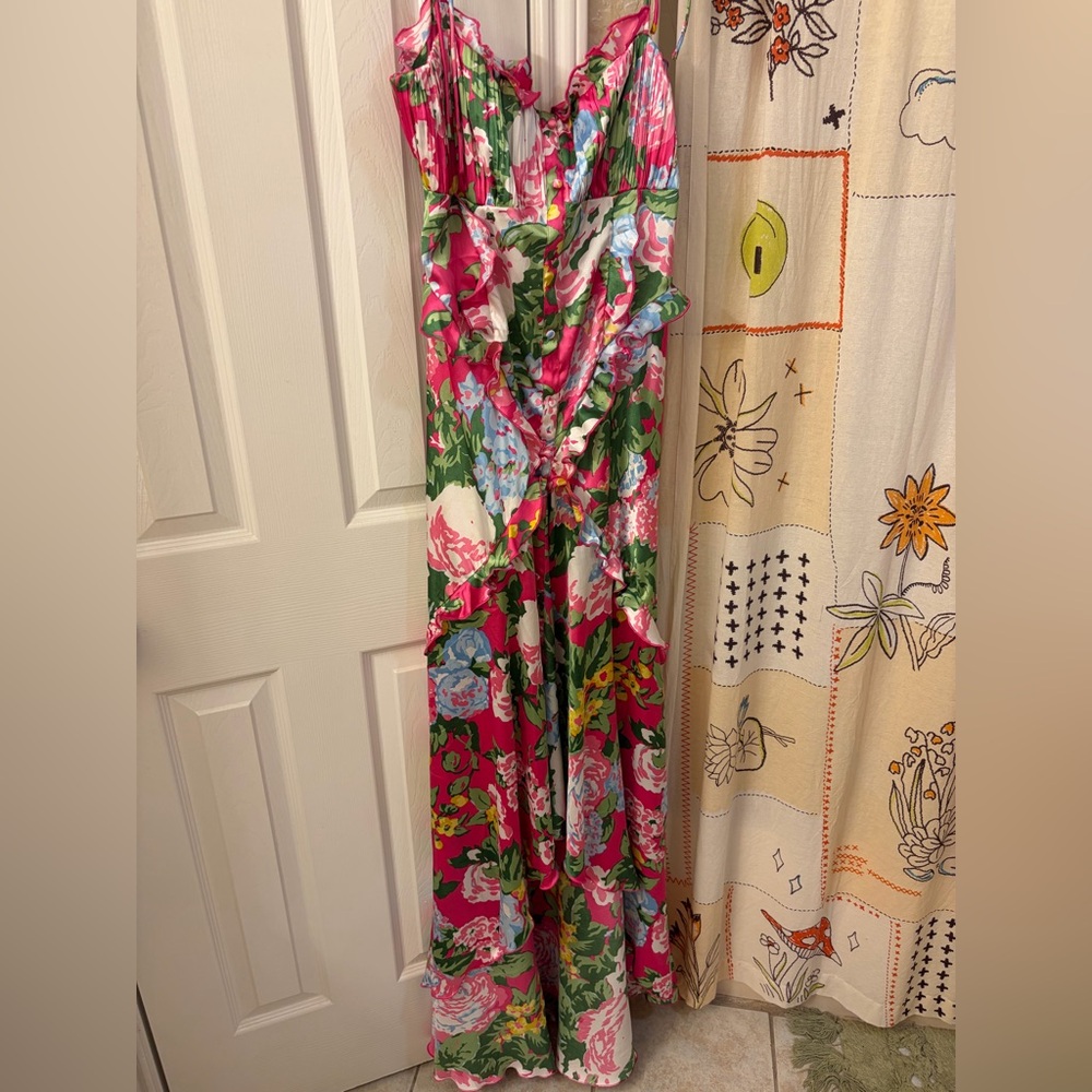 ASOS Pink Floral Satin Ruched Ruffle Dress - NWOT